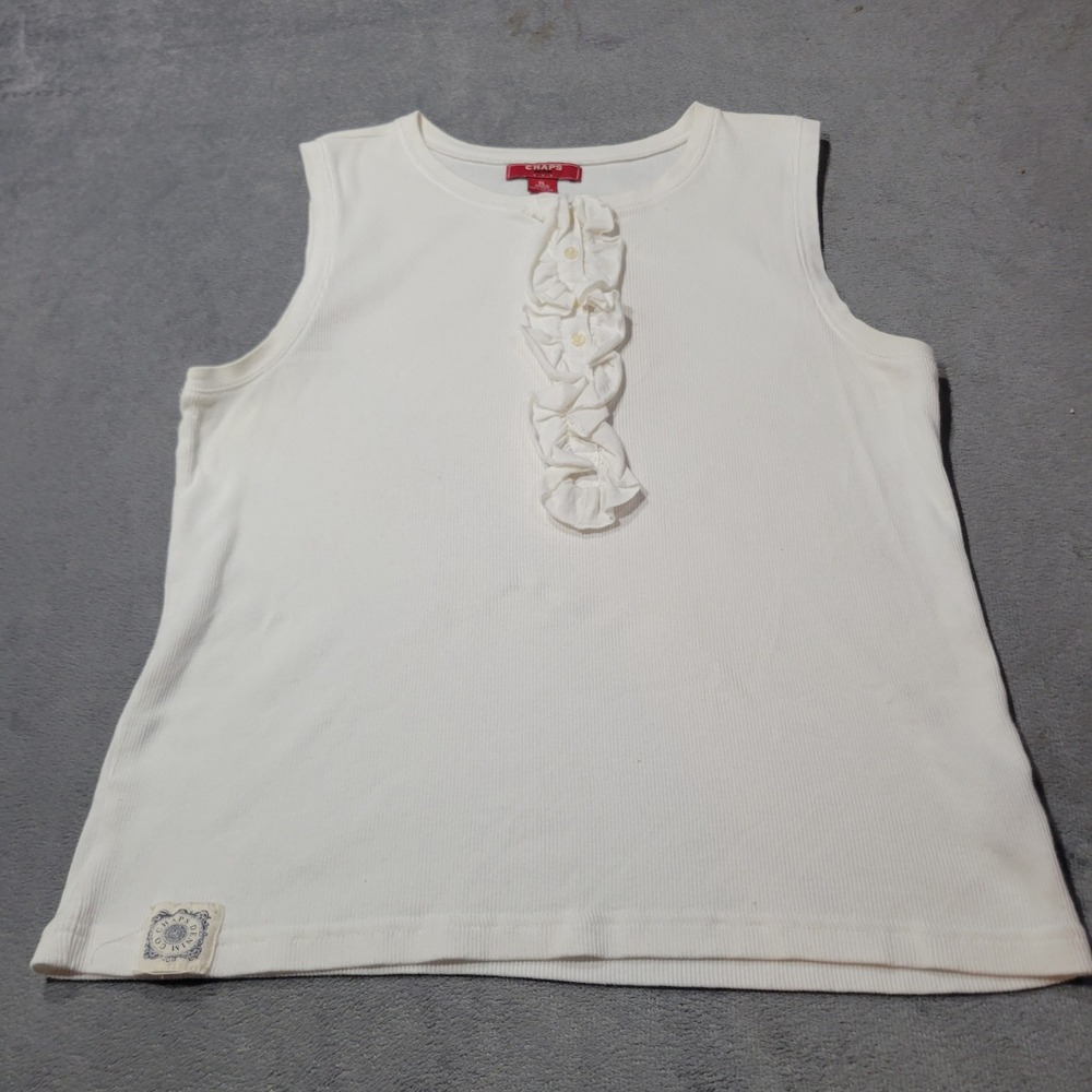 Chaps Denim Sleeveless Top Womens XL White Ruffle Front Ribbed Cotton 11860‎